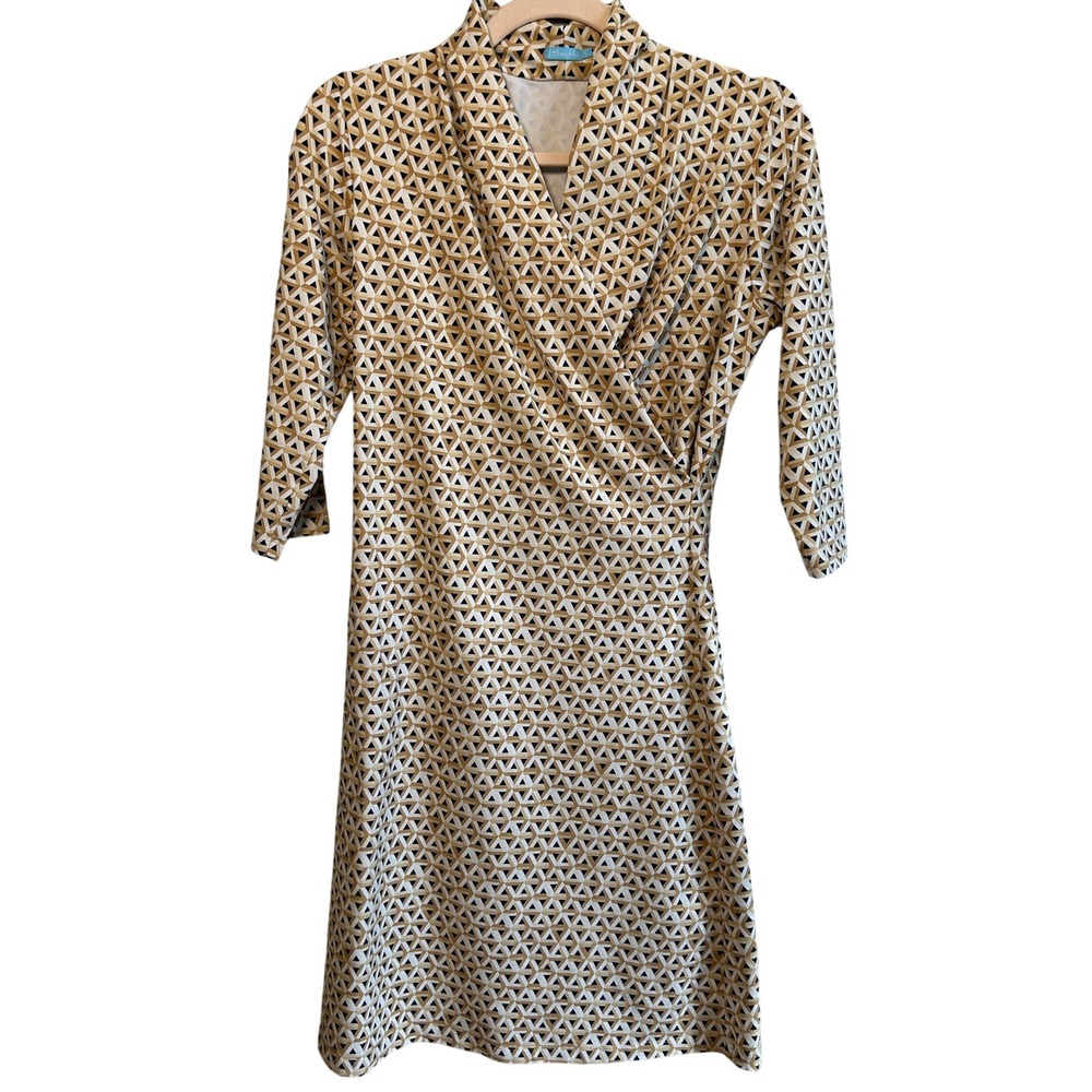 J McLaughlin Geometric Triangle Print Cowl Neck 3/4 Sleeve Pocket Dress Tan Navy